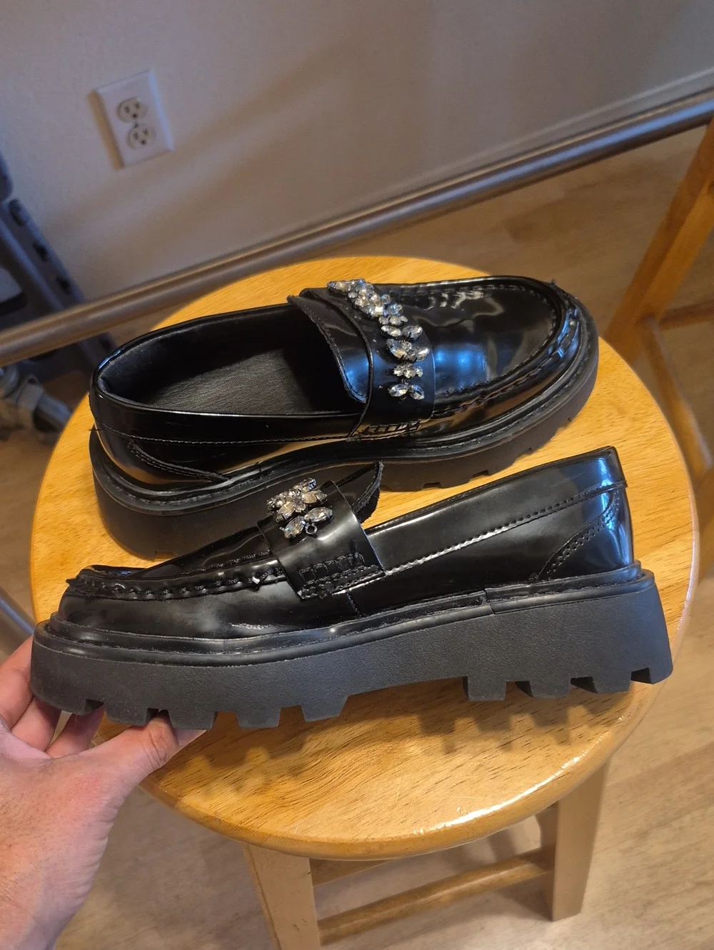Zara Black Chuncky Platform Loafers Faux Leather & Rhinestones